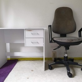 Everything must go: desk, chair, box and wall shelf