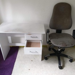 Everything must go: desk, chair, box and wall shelf 1